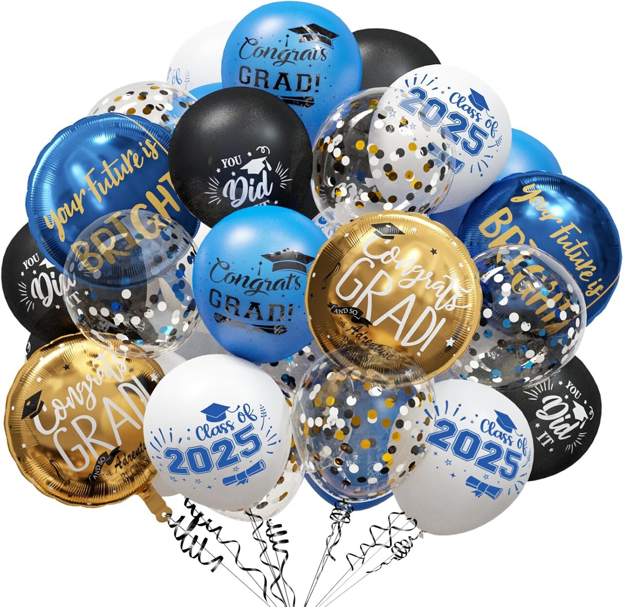 Graduation Blue and Gold Balloons 2025 - Grad Latex Confetti Balloons with Congrats Grad Foil Balloons for Graduation Party Decorations Supplies, 60Pcs